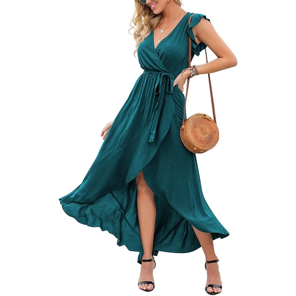 Kvinder Sommer Blomster Print Kryds V-hals Kjole Bohemian Flydende Lange Maxi Kjoler（M）