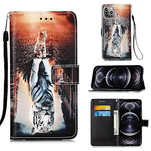 Kompatibel med iPhone 12 Pro Etui Læder Flip Wallet Cover Med Kortslot Holder Kickstand Mønster - Kat Og Tiger