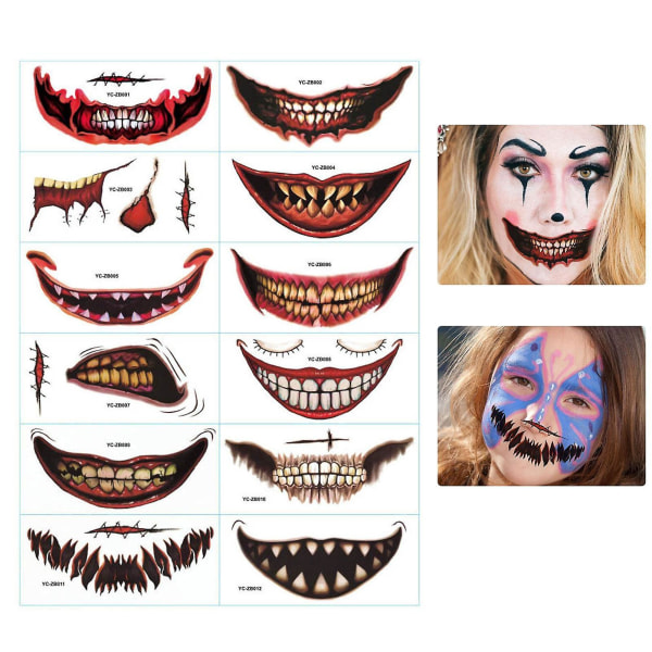 Halloween-skräck-clown-klistermärken, Halloween-tillfälliga tatueringar-kit, Halloween-tatuering-klistermärken, Halloween-smink