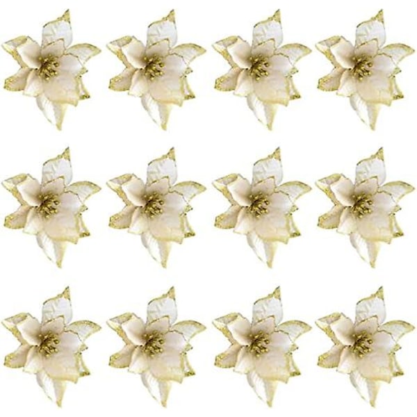24st julglitter julstjärna blommor konstgjorda kransblommor för julgransprydnader dekor （guld）