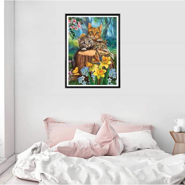 5D DIY-timanttimaalaussetti, timanttieläinmetsätaidemaalaus Kolme kissaa Kristalliompelu Ristipisto Pyöreä pora 12x16 tuumaa