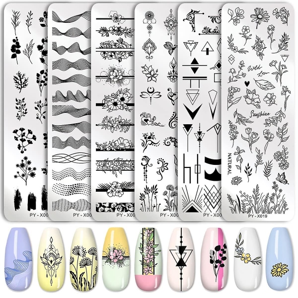 6 stk. Stempelplater Nail Art Set Blomster Minimalistiske Geometriske Linjer Blader Mønster Tema Bilde Diy Nail Art Stempelplate Stempel