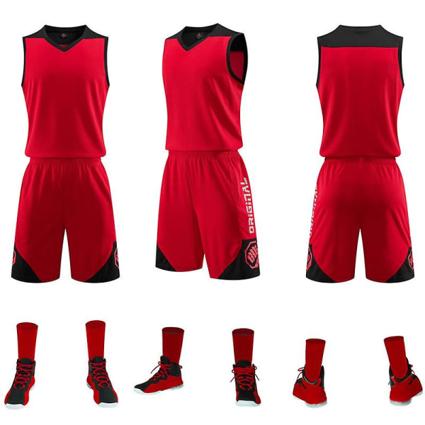 Basketball Jersey Suit Unisex Hurtigtørkende Ball Trening Sport Jersey Suit Rød（4XS）