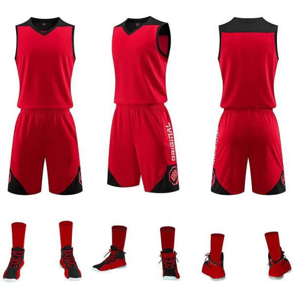 Basketballtrøjedragt Unisex Hurtigtørrende boldtræningssportstrøjedragt Rød（XL）