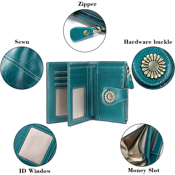 Damplånbok Lädermyntväska för kvinnor Kort korthållare för kvinnor Dragkedja plånbok med 16 kortplatser Anti RFID-plånböcker (Peacock Blue)