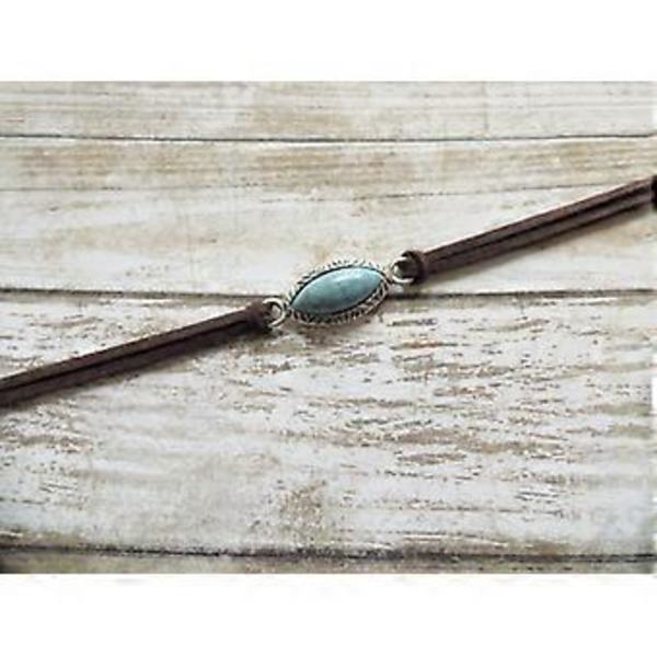 Boho Teal Halsband Kedja Brunt Läder Choker Halsband Mocka Hippie Smycken för Damer och Flickor, Fri storlek