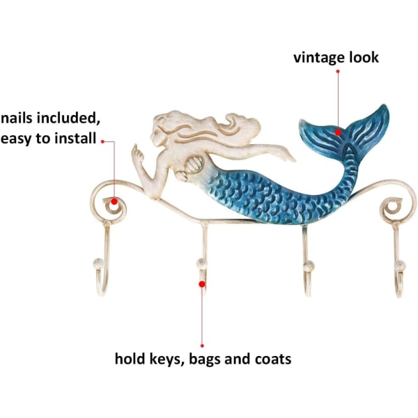 Väggkrok i järn, sjöjungfru, väggkrok i järn, 4 krokar för Coa