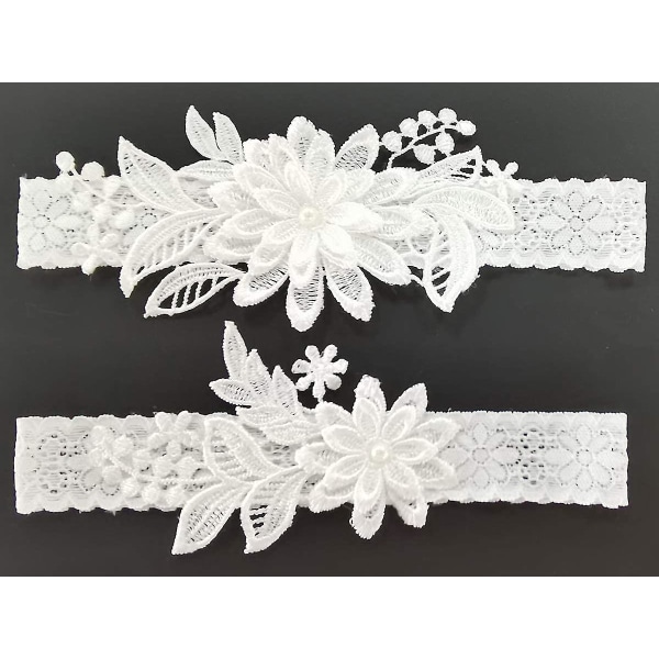 Bröllopsstrumpor för brud Daisy Lace Bridal Garter Hand Sewn Faux Pearls Garter Set 2 st, Vit, One Size