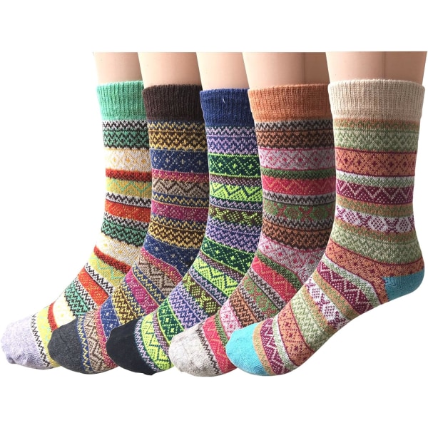 Dame Vinter varme bomullsull Fancy sokker 5 par, flerfarget