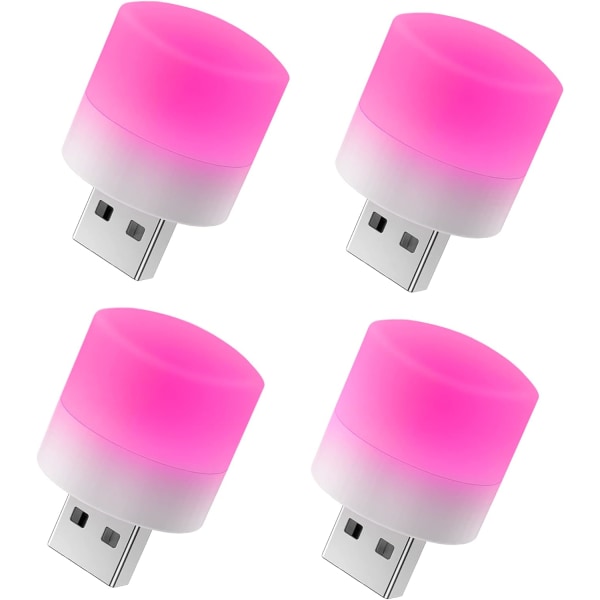 Mini USB-nattlys, kompakt LED-lyspære, bærbar lys, omgivelseslys, dekorativ lampe, plugg-inn-lys for bil, soverom, barnerom, bad, fest, festival (rosa, 4 stk)