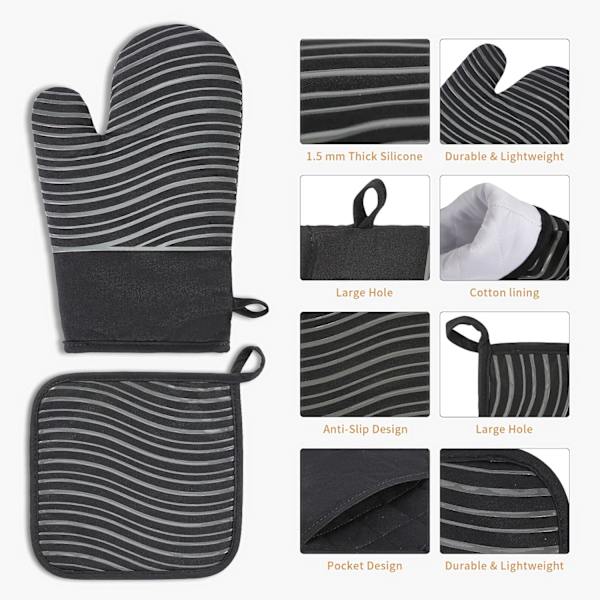 Set med 4 ugnsvantar, ugnsvantar med halkfri silikondesign, ugnsvantar