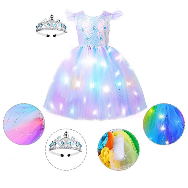 Princess Tutu Girls Led Glow Frozen Elsa Princess Dress Flying Sleeve Dress for Halloween Costume（130cm）