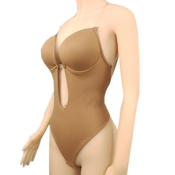 Kvinnors djupt V-ringade body shaper rygglös bh body shapewear U-ringad sömlös string full bodydräkter kaffe（L）