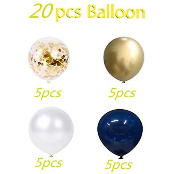 20 stk 12 tommers ballongsett marineblått hvitt og gull metallisk konfetti lateksballonger med bånd til bursdagsfest