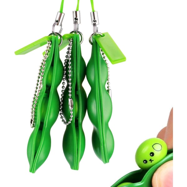 Fidget Bean Toy, Squeeze-a-Bean Edamame Nøkkelring Ekstrusjonsbønne Ertestressavlastningskjede Leker (3 stk)