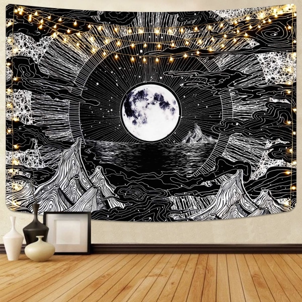 Wall Tapestry Psykedeelinen Moon Star Cloud Mustavalkoinen Makuuhuone