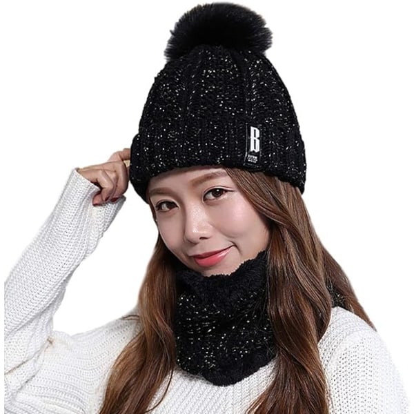 Stickad mössa Beanie, Uppvärmd stickad mössa mössa med fleecefoder halsduk,