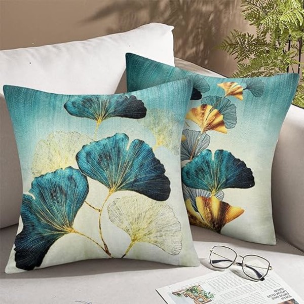 Set of 4 Waterproof Linen Cushion Covers Teal Ginkgo Biloba Moder