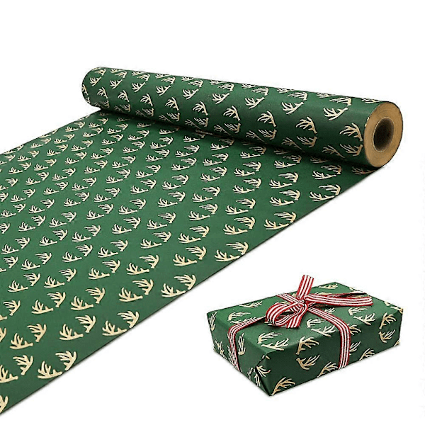 Presentpappersrulle, 2 stora rullar med julpapper med hjortgevir, återvinningsbart kraftpapper