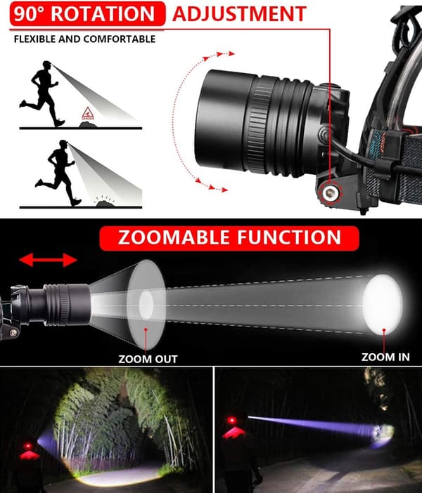 Hodelykt, USB-oppladbar LED-hodelykt, justerbar kraftig 3