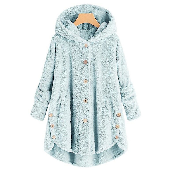 Dame Jakke Mode Knap Fluffy Uld Hætte Jakke Løs Vinter Varme Plus Størrelse（M Lyseblå）