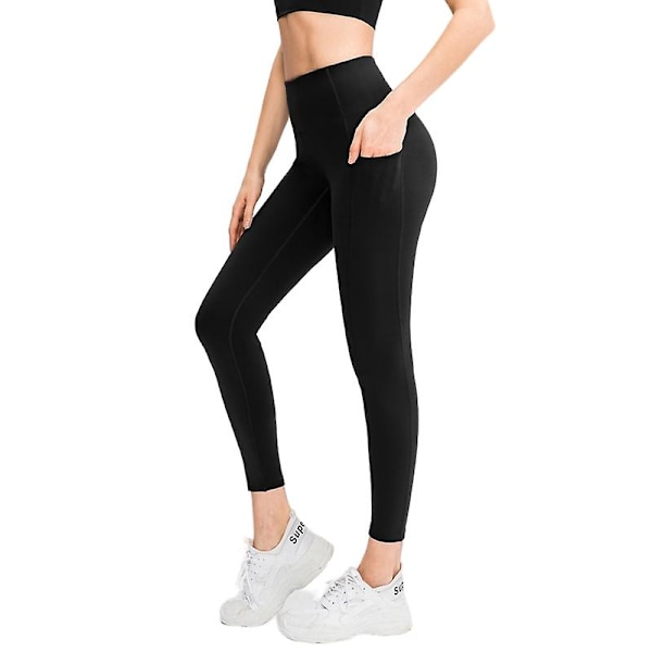 Kvinnors höga midja sidoficka tights sport leggings yogabyxor（4(S) svart）