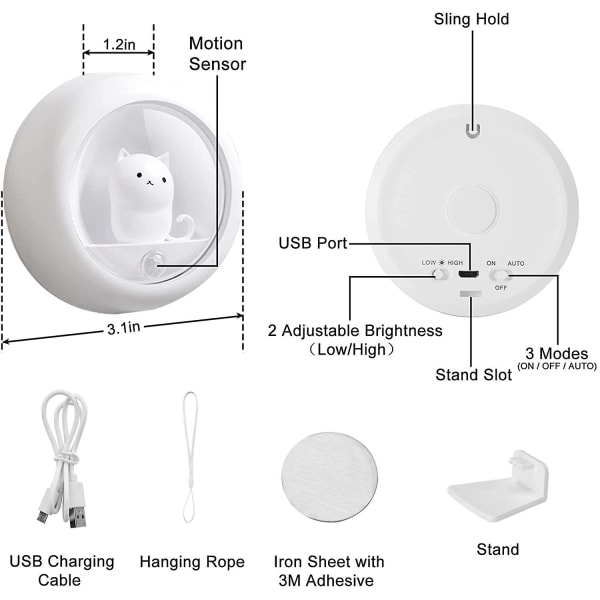 Uppladdningsbar rörelsesensor nattlampa Magnetisk nattlampa Justerbar ljusstyrka Stick Anywhere Cat Lamp（Vit）