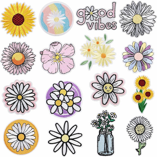 16 stk. termoklæbende broderimærker med hundrede blomster, badges