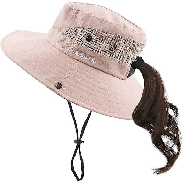 Dam solhatt med hästsvans, UV-skydd, hopfällbar, bred brätte, strandfiskehatt (rosa)