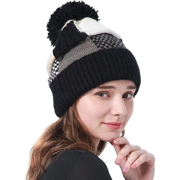 Svarte Beanie-Hatter for Kvinner Strikket Beanie-Lue Pompom Vintervarm