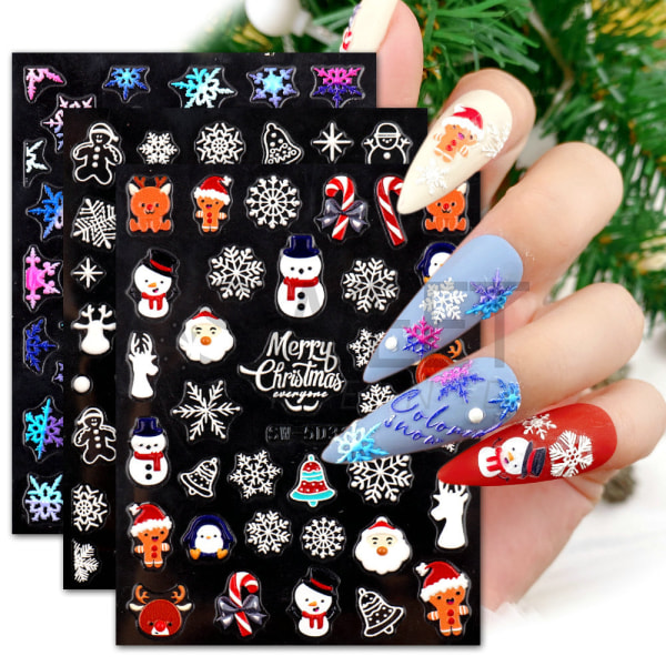 4 New Nail Art Christmas Stickers 5D Embossed Nail Stickers Colo