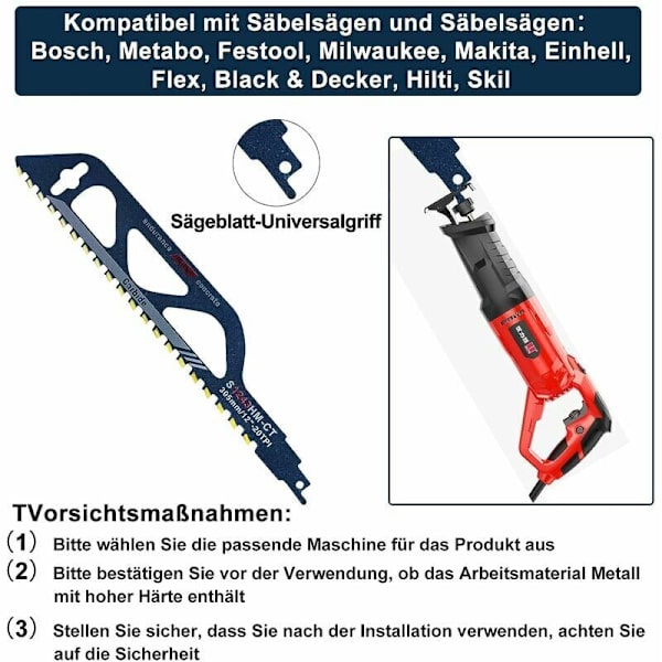 Tungsten Carbide Stålsavklinge til Metal, Træ, Sten, Sabel Sav Tilbehør til Porebeton, Mursten, Beton, Cementplade, Længde (305mm (S1243HM))
