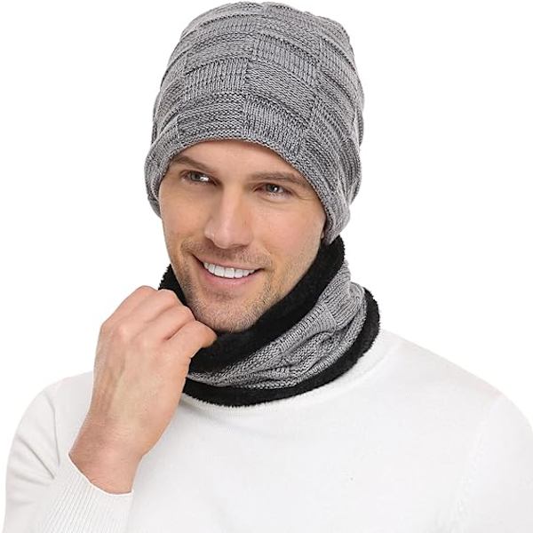 Grå  Laden Vinter Beanie Huer Halstørklæde Sæt Varme Strikkede Huer Skull Cap