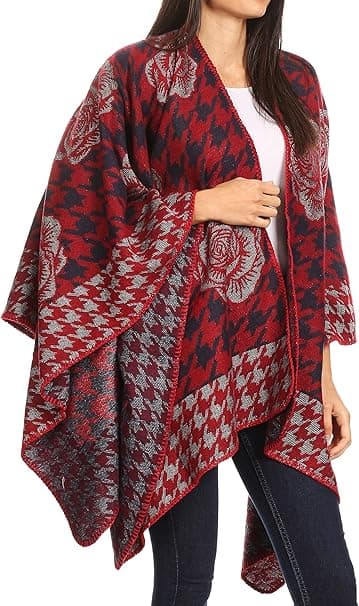Dames Elegant Blomstermønstret Vendbar Shawl Kappe - Rød, Shawl Swe