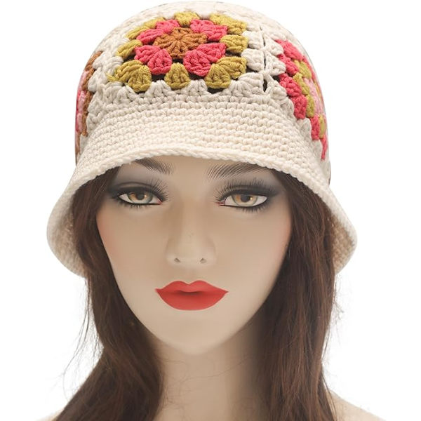 Hæklet Blom Beige Dame Vinter Bucket Hat Fashion Strik Cloche