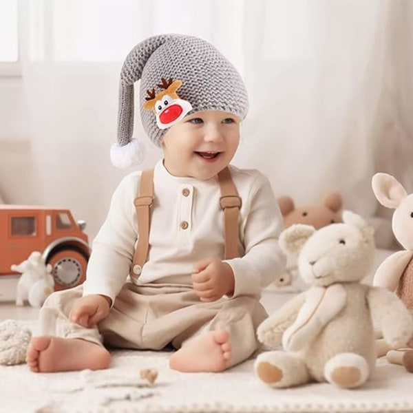 Grå julehat til baby 1-4 år, vinterhat, julelon