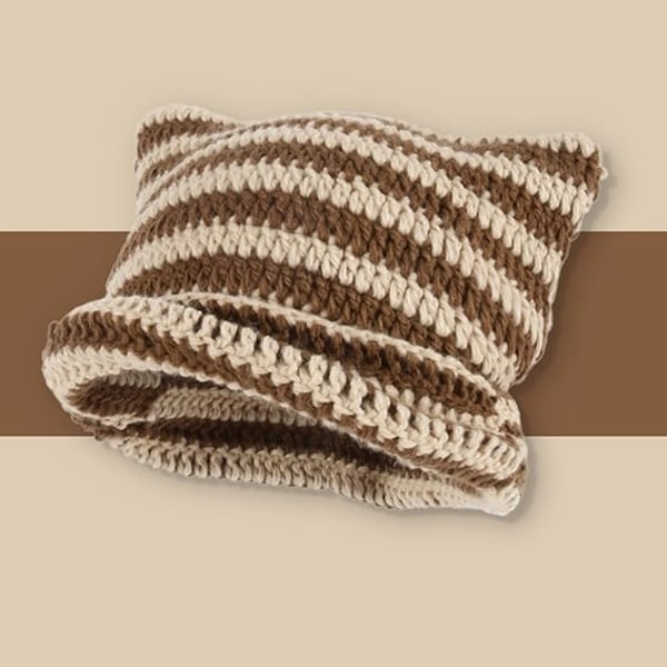 Curry brown Women's Winter Cat Ears Hats Soft Slouchy Striped Kni