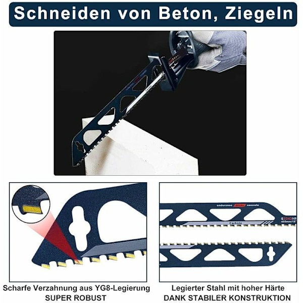 Tungstenkarbidstålblad för sticksåg för metall, trä, sten, sticksågstillbehör för luftbetong, tegel, betong, cementskiva, längd (455 mm (S2243HM))
