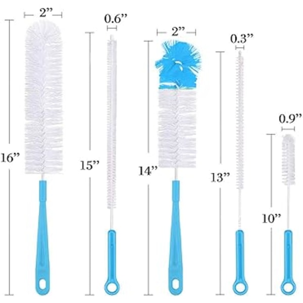 （Blå）5-pack Flaskrengöringsborste Multifunktionell Borste Set Lång Wat