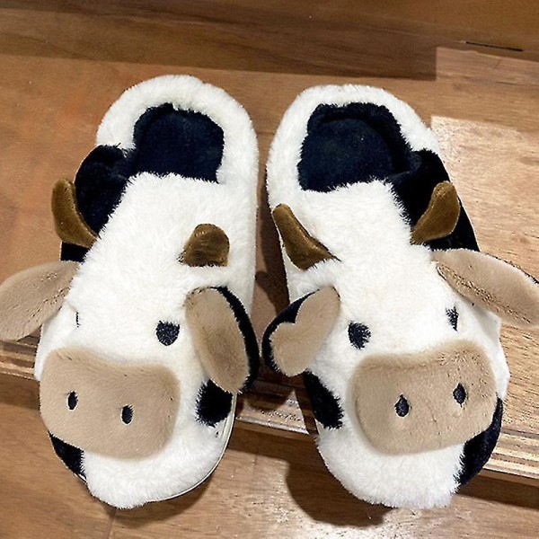 Fuzzy Cow Tofflor Söta Varma Mysiga bomullsskor Animal Shape Slip-on Tofflor för 38 39