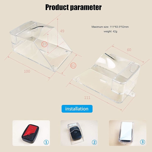 Vanntett gjennomsiktig deksel for trådløs dørklokke-klokkeknapp O