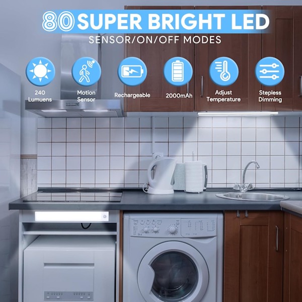 2-delad LED-belysning för köksskåp, 1500mAh laddningsbar köksskåpsbelysning med 3 färgtemperaturer och 3 lägen, rörelsesensor köksskåpsbelysning