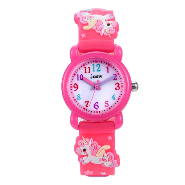 3D children's unicorn cartoon watch, waterproof quartz watch，rose Red