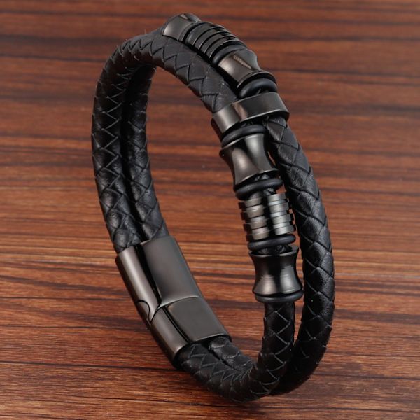 Sort læderarmbånd til mænd - Sort, sølv og guld rustfrit stål