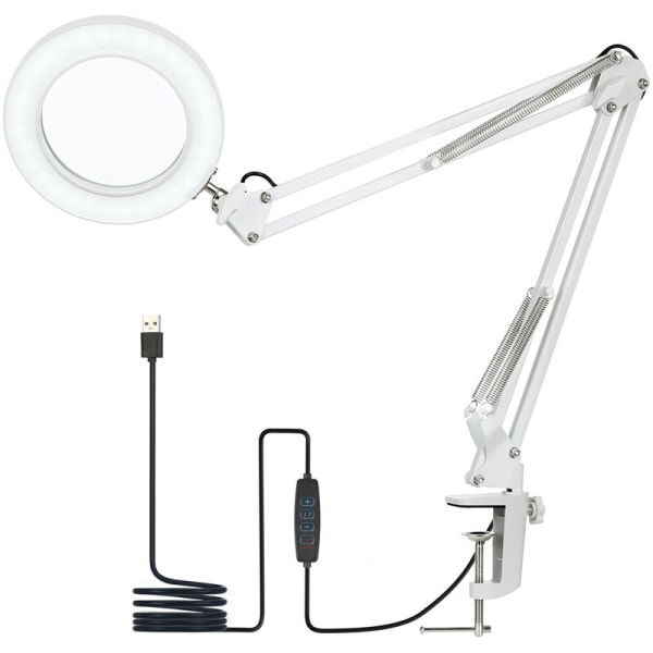 (Vit) flexibel klämbordslampa med 8x förstoringsglas, svängarm, dimbar