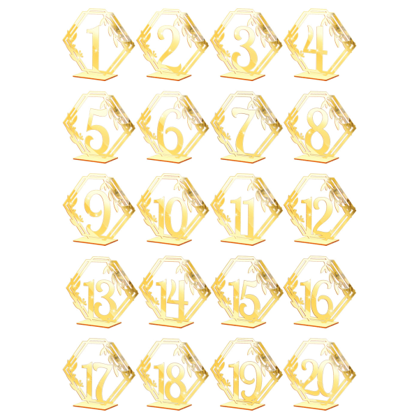 (1-20) 20 hexagon numrerade akryl middagstallrikar - guld med bas