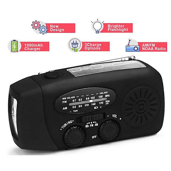 Vind op solradio, overlevelses håndsvingdynamo AM/FM nødvejrradio, med genopladelig USB-telefonoplader