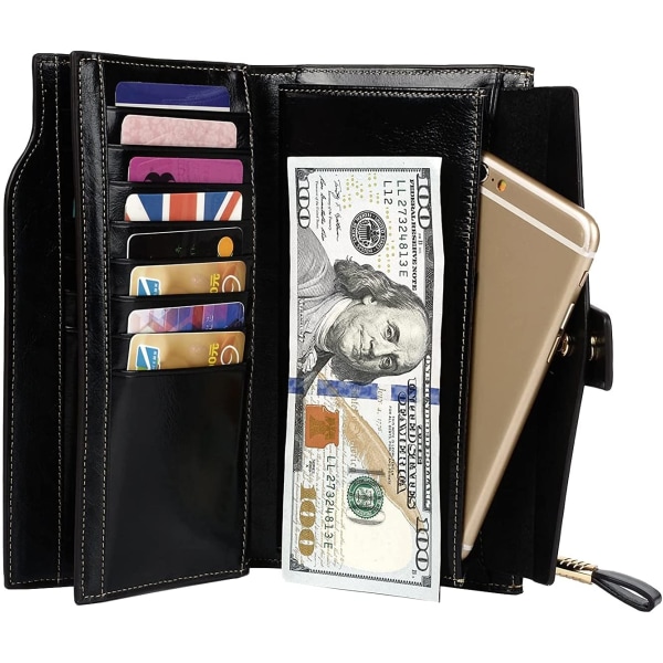 Damepung RFID Blokerende Ægte Læderpung Bifold Wallet Sort