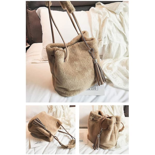 Kvinnor Höst Vinter Fuskpäls Axelväska Plysch Handväska Fluffy Bucket Bag Tofs Crossbody Bag Khaki