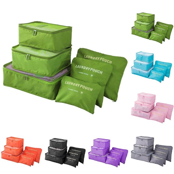 6 stk/sæt Rejse Vandtæt tøj Sorteringspose Pakning Kube Bagage Organizer（Grøn）